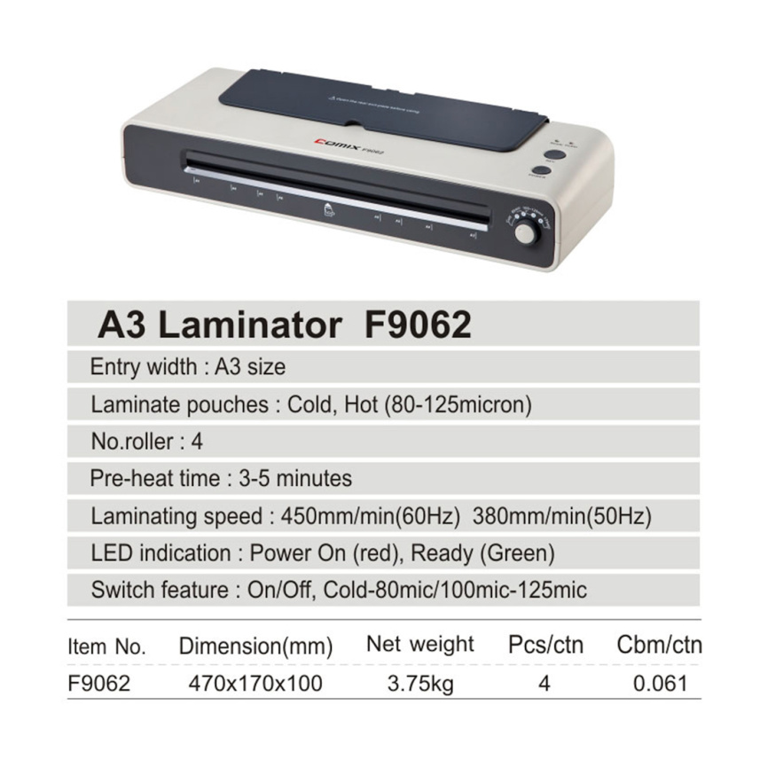 Ламинатор COMIX F9062 А3, 4 вала, 80-125 мкм, 38-45 см/мин. фото 2