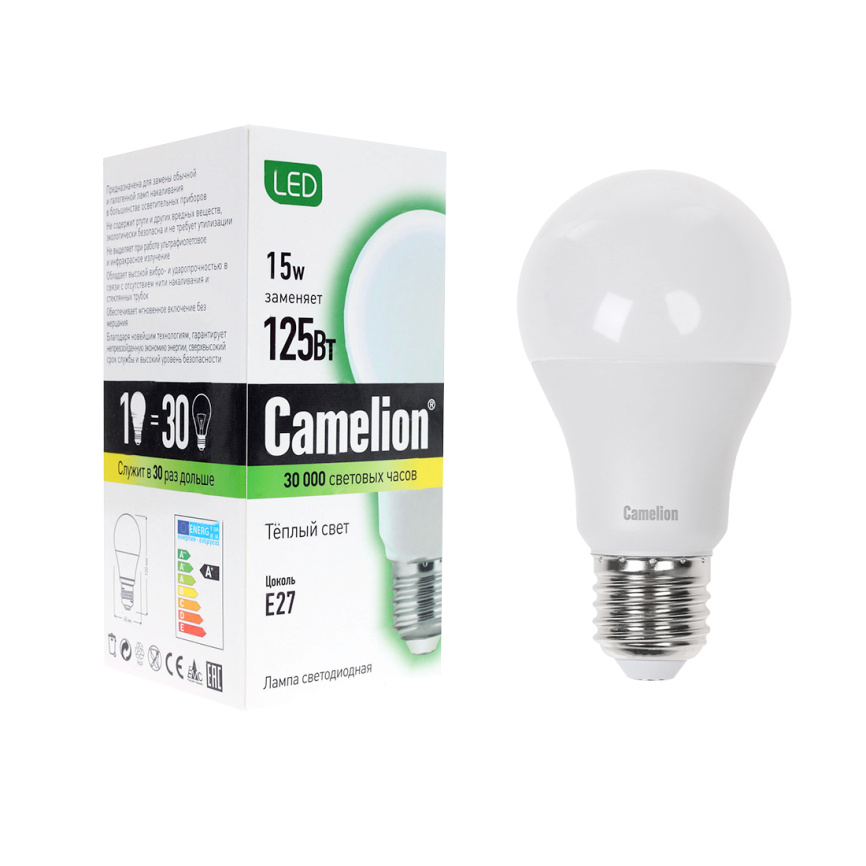 Эл. лампа светодиодная Camelion LED15-A60/830/E27, Тёплый фото 1