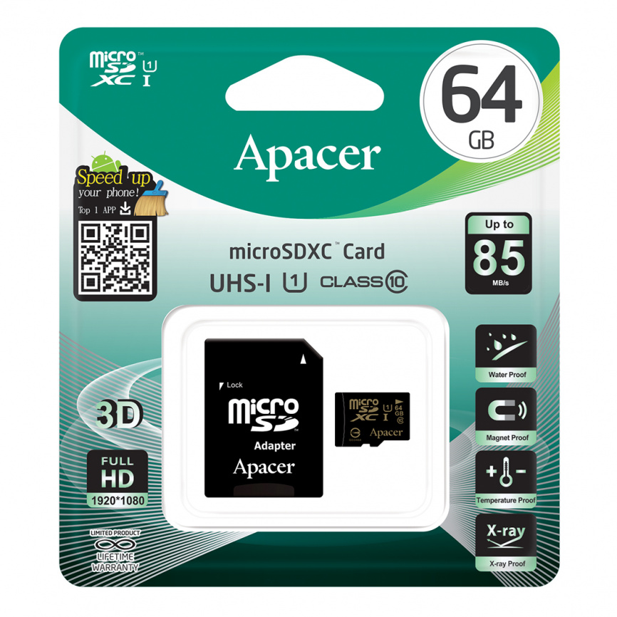 Карта памяти Apacer AP64GMCSX10U1-R 64GB + адаптер фото 2