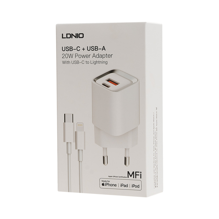 Универсальное зарядное устройство LDNIO A2318M MFI 20W USB-А, USB-C Белый фото 3