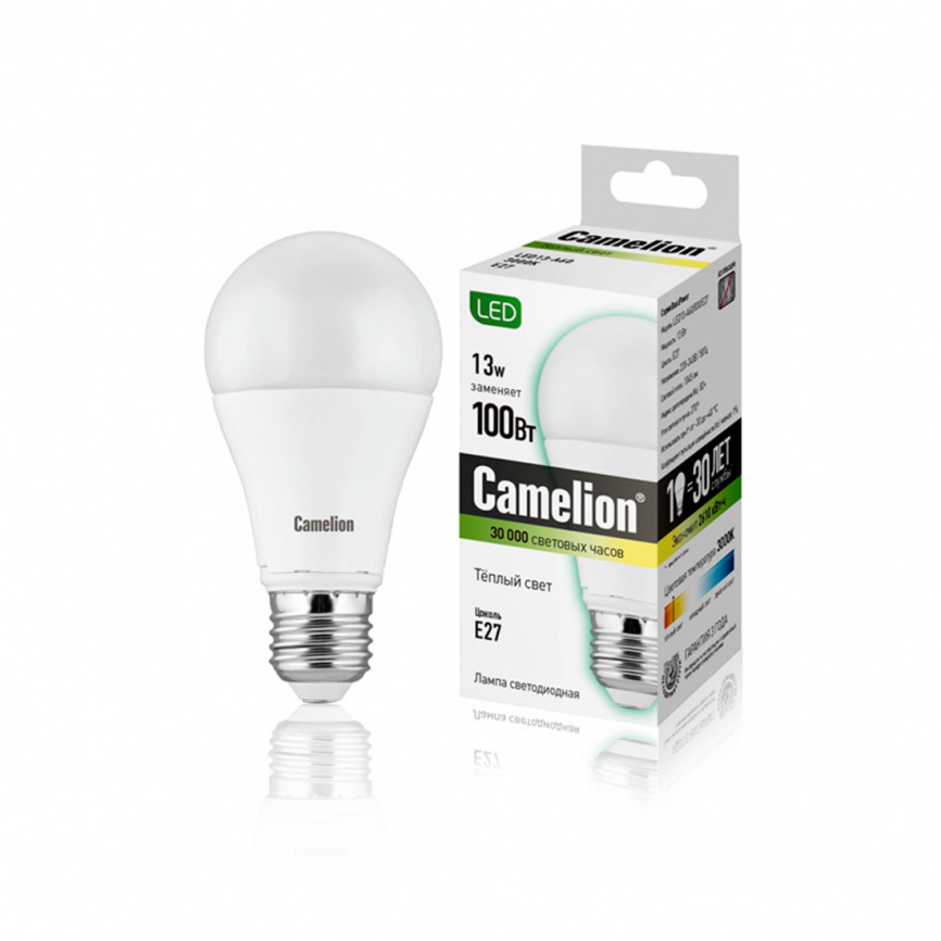 Эл. лампа светодиодная Camelion LED13-A60/830/E27, Тёплый фото 1
