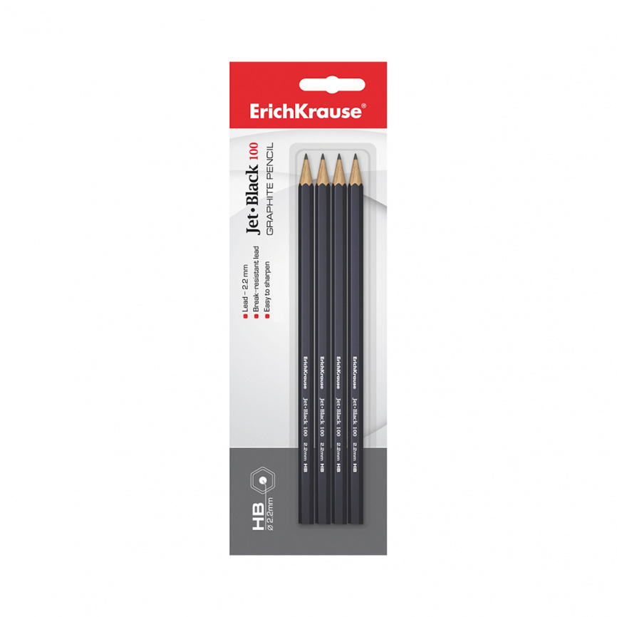 Блистер чернографитных шестигранных карандашей ErichKrause® Jet Black 100 HB (4 карандаша) фото 1