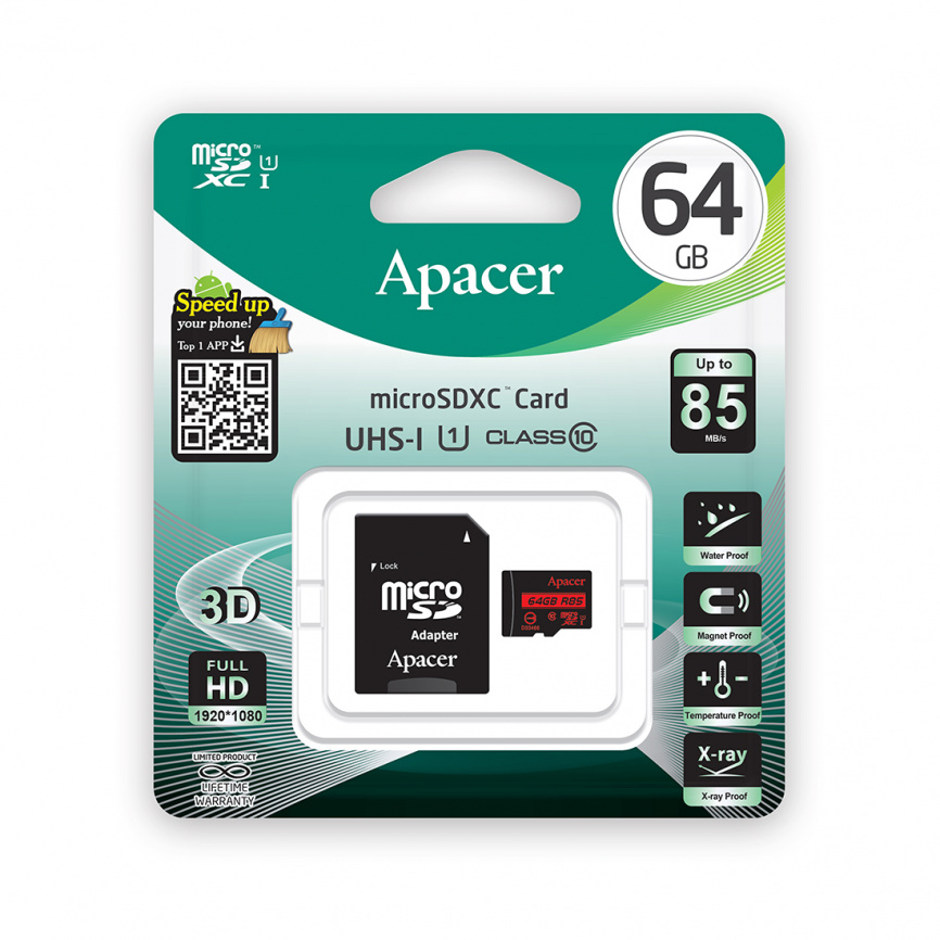 Карта памяти Apacer AP64GMCSX10U5-R 64GB + адаптер фото 2